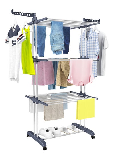 اشتري Clothes Drying Rack Oversized 4-Tier(67.7" High) Foldable Stainless Steel Drying Rack Clothing Movable Drying Rack with 4 castors 24 Drying Poles 14 Hooks for Bed Linen Clothing في السعودية