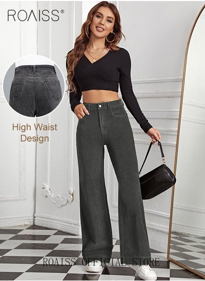 اشتري High Waist Wide Leg Pants for Women Pure Cotton Corduroy Soft Elastic Trousers Ladies Mom's Slant Pocket Long Pants Casual Plain New Arrival Trendy Straight Baggy في الامارات