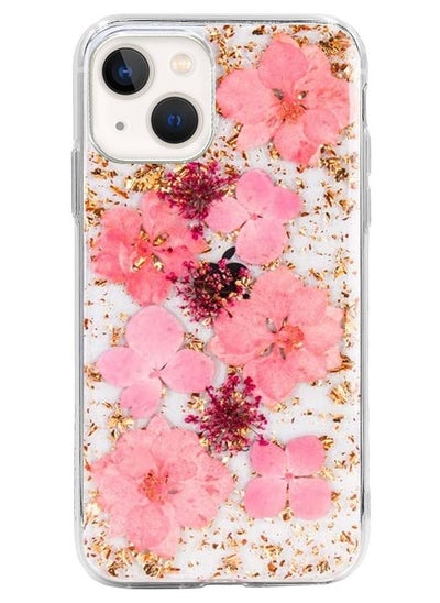 اشتري iPhone 13 Flowers Series Case 3D Glitter Floral Shockproof Cover with Genuine Dried Flowers Pink في الامارات