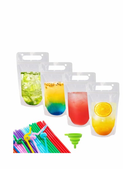 Buy Drink Pouches for Adults, Reusable Juice Pouches for Drinks with Straws Silicone Funnel, 50 Pcs Hand-held Drink Bags Plastic Smoothie Pouches for Cold Hot Drinks in UAE