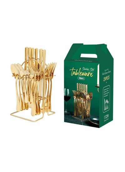 اشتري 24-piece Stainless Steel Cutlery Set with Stand Gold في الامارات