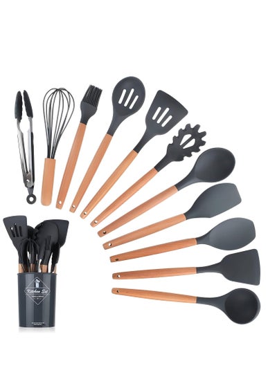 Buy Silicone Cooking Utensils Kitchen Utensil Set,12 PCS Wooden Handle Nontoxic BPA Free Silicone Spoon Spatula Turner Tongs Kitchen Gadgets Utensil Set for Nonstick Cookware with Holder(GREY) in UAE