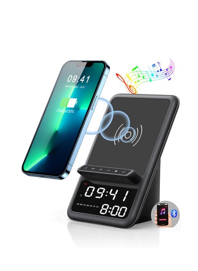 اشتري Wireless Charging Station with Bluetooth Speaker and Alarm Clock, 4 in 1 Wireless Charger, Compatible for iPhone Series, for Samsung Series and More (Black) في الامارات