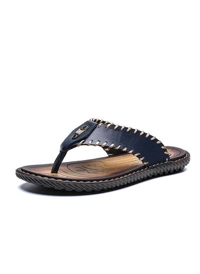 Buy Summer Mens Trendy Stitched Cowhide Flip Flops Outdoor Beach Slippers in Saudi Arabia