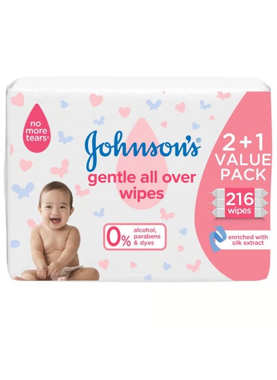 Buy Johnson's Baby Wipes Gentle All Over 216 wipes (pack of 2 + 1 ) in UAE