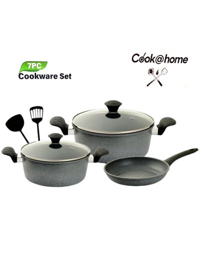 Buy Granite-Coated Pots and Pans Set with Non-Stick Surfaces and Glass Lids, 7 Pieces - Gray Color in Saudi Arabia