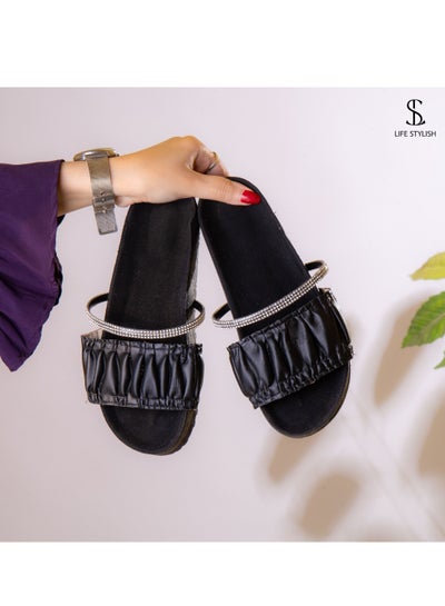 Buy SL-106 Slipper With Leather Strap And Diamonds - Black in Egypt