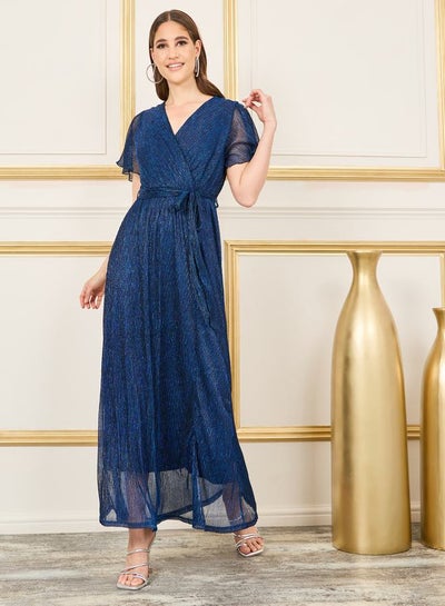 Buy Shiny Plisse A-Line Maxi Dress with Self Tie Up in Saudi Arabia