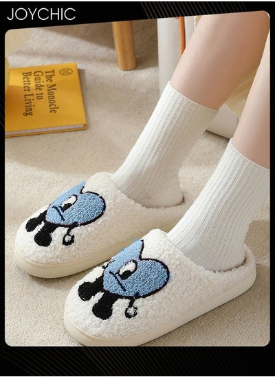 Buy Lovely Cartoon Embroidery Warm Indoor Bedroom Slides Autumn and Winter Women Men Couple Flat Household Slippers with Love Pattern White+Blue in Saudi Arabia