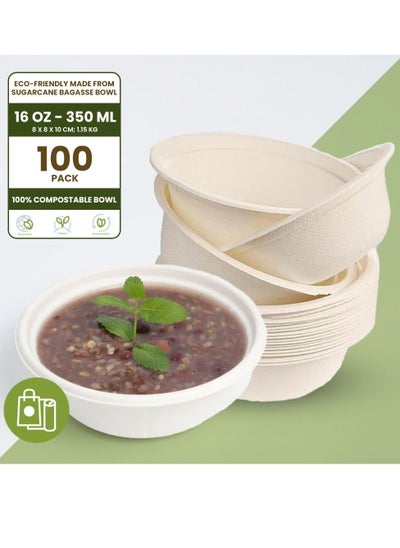 اشتري Ecoway Compostable Heavy Duty Made Of Bagasse Cane Fibers - [12 Ounce - 350 Ml, Pack Of 100] Disposable Bowls Eco-Friendly Biodegradable Perfect For Salad, Soup, Dessert, Hot or Cold Use, White في الامارات