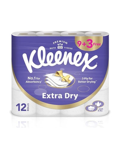 Buy Kleenex Extra Dry Toilet Tissue Paper, 3 PLY, 12 Rolls x 160 Sheets, Embossed Bathroom Tissue with Superior Absorbency in Saudi Arabia