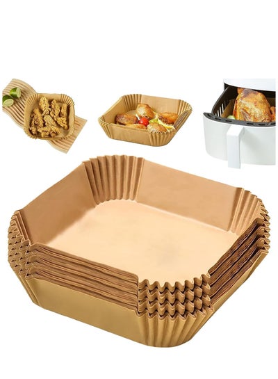 Buy 100 Pieces Disposable Non Stick Air Fryer Paper Liners Square Food Grade Baking Paper, 16cm, Brown in UAE