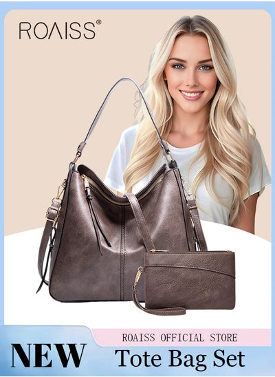 Buy Large Crossbody Bags Ladies Shoulder Handbags Purse Set for Women Hobo Totes PU Leather Purses and Handbags Shoulder Bag Vegan Leather Tote Brown in UAE