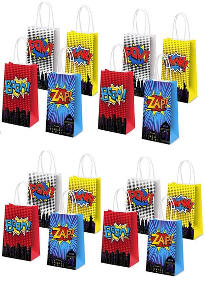 Buy Superhero Party Gift Bags, 16Pcs 4 Color Comic Heros Kraft Paper Goodie Candy Treat Gift with Handle Boom Theme Birthday Decorations Supplies Kids Classroom Family Rewards Prize Bag in UAE