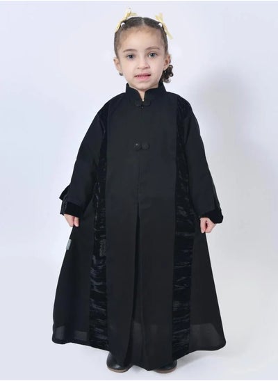 Buy Black girls abaya with zip closure from the top with velvet fabric overlap in Saudi Arabia