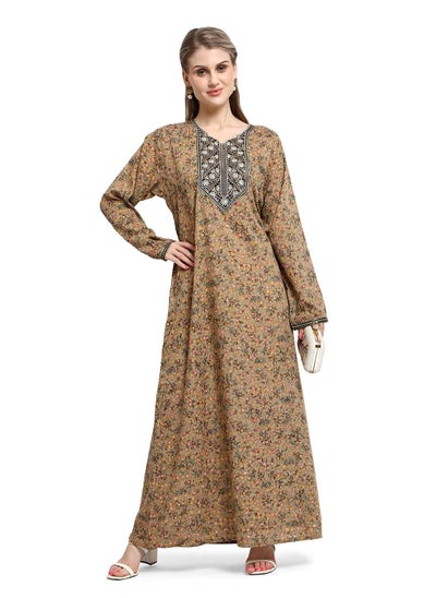 Buy FRONT NECK EMBROIDERY AND PRINTED STYLISH ARABIC KAFTAN JALABIYA DRESS in Saudi Arabia