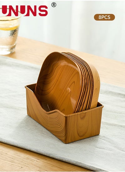 Buy 8 Pcs Wooden Grain Plates,Square Dinner Plate Tray Set With Storage Holder,Reusable Appetizer Dessert Plates Set,Heavy Duty Elegant Trays,Sturdy Dinner Plates For Dishes Snack Dessert Salad in Saudi Arabia