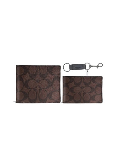 Buy 3 IN 1 Wallet Short Wallet & Card Holder & Keychain Gift Box - Dark Brown in Saudi Arabia