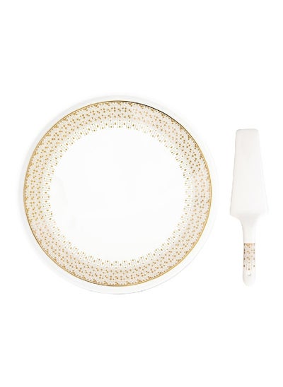 Buy 2-Piece Elegant Design High Quality Porcelain Cake Serving Set White and Gold 32 cm R1112#FESV in Saudi Arabia