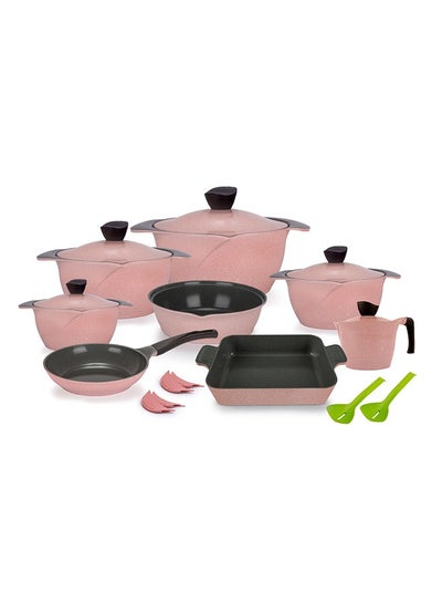 Buy Master Granite Cookware Set 19 Piece Flower (Pot 18,20,24,28 cm - Frying Pan 26 - Milk Pan 14 - Casserole 31 - Oven Tray 26 - 4 Pcs Silicone Mask - 2 Pcs Serving) Pink in Egypt