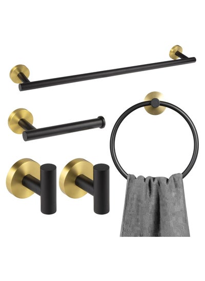 اشتري 5-Piece Stainless Steel Wall Mounted Bathroom Hardware Set Black Gold Towel Rack Set included Bath Towel Bar Robe Towel Hooks Toilet Paper Holder and Towel Ring في السعودية