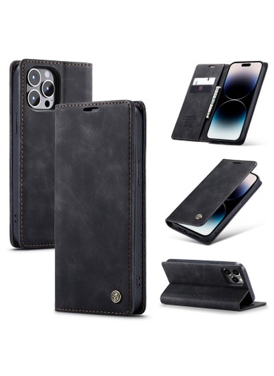 Buy CaseMe iPhone 14 Pro MAX Wallet Case Book Folding Flip Folio Case with Magnetic Kickstand Card Slots Protective Cover - Black in Egypt