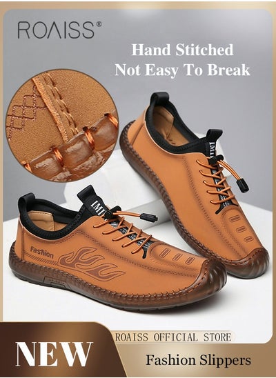 اشتري New Mens Casual Drawstring Non-slip Soft Sole Flat Shoes Fashion Round Toe Shoes Daily Hand Stitched Leather Shoes في الامارات