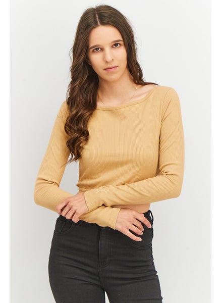 Buy Women Classic Fit Ribbed Long Sleeve Top, Tan in UAE