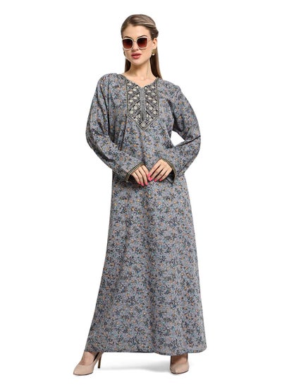 Buy MULTICOLOUR FRONT EMBROIDERY AND PRINTED STYLISH ARABIC KAFTAN JALABIYA DRESS in Saudi Arabia