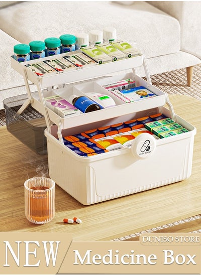 اشتري Medicine Box Plastic Medicine Storage Box Family Emergency Kit Medical Kit 3 Layers Home First Aid Box Child Proof Medicine Box Organizer Pill Case with Compartments and Handle في الامارات