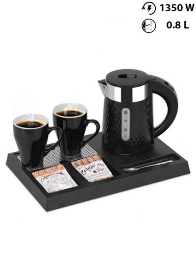 Buy Hotel Set Electric Kettle 0.8 Liter 1350 Watts with 2 Ceramic Cups and Tray TC-KT5137 Silver and Black in Saudi Arabia