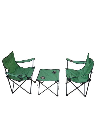 Buy 3-Peices Foldable Camping Chairs Cup Holder With Table for Family-Compo Sett(Green) | Beach Chair Sett | Garden Chairs | Fishing Chairs | Picnic Chairs | Travel chairs | Couples Sett. in UAE