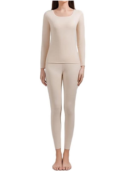 Buy Women Thermal Underwear Set,Women Thermal Base Layer Long Sleeve,Seamless Elastic Thermal Underwear,Women Round Neck Long-Sleeved Set Khaki in Saudi Arabia