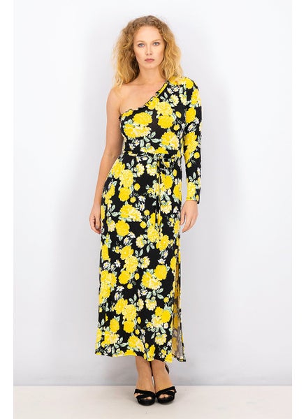 Buy Women Petite Asymmetrical Floral Maxi Dress, Black and Yellow in UAE