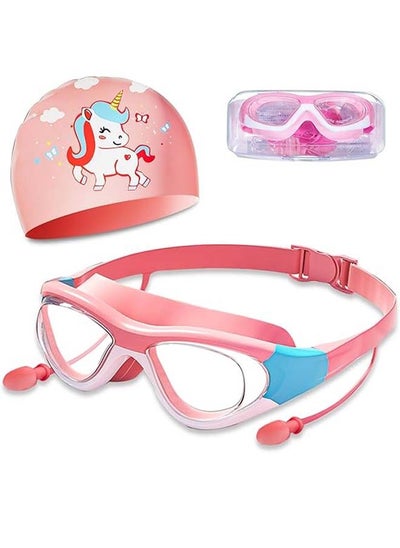 Buy Swimming Goggles with Earplug, Swim Cap for Kids, Silicone Cartoon Swim Cap, No Leaking Soft Silicone Protection Lenses Waterproof Goggles for Children in UAE