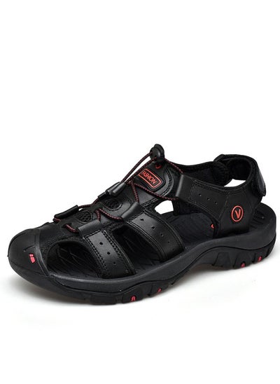 Buy Leather Top Layer Leather Velcro Wrapped Sandals Black in Saudi Arabia