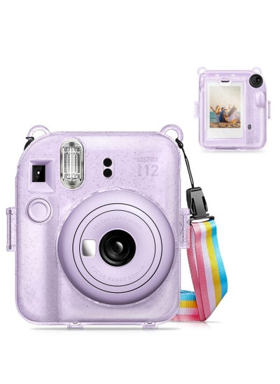 Buy Protective Clear Case for Fujifilm Instax Mini 12 Instant Camera/Crystal Hard Shell Cover w/Upgraded Film Pocket for Storing Photos & Removable Shoulder Strap (Transparent purple) in UAE