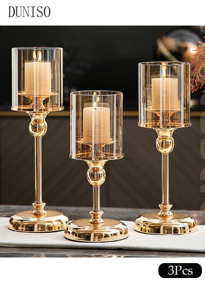 اشتري 3Pcs European Style Metal Glass Candlestick Ornaments,Clear Candlestick Holders,European Style Ornaments For Dining,Wedding,Party,Home في السعودية