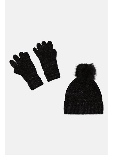 Buy Women Knitted Glitter Pom Pom Beanie And Gloves Set, Black in UAE