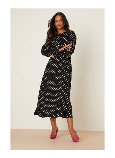 Buy Black Spot Long Sleeve Shirred Cuff Midi Dress in Saudi Arabia