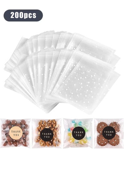 Buy 200-Piece DIY Self Adhesive Plastic Transparent Candy Cookie Gift Bag, Reclosable White Polka Dot Self Sealing Packaging Bags, Chocolate Small Treat Party Birthday Wedding in Saudi Arabia