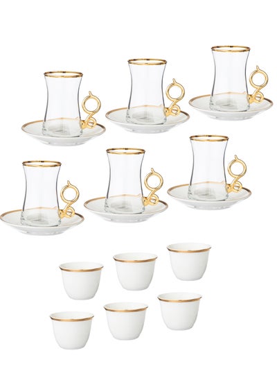 Buy A Set Of Turkish Glass Tea Cups With Saucers And Saudi Coffee Made Of Porcelain With A Golden Line in Saudi Arabia