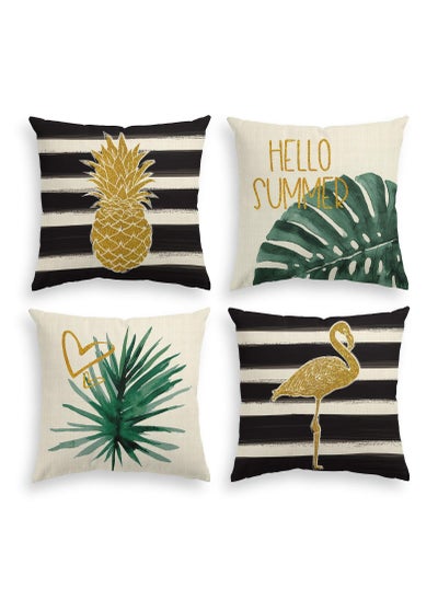 اشتري Throw Pillow Cover, Watercolor Stripes Tropical Plants Throw Pillow Cover, Pineapple Flamingo Monstera Cushion Case for Sofa Couch Set of 4 (45 * 45 cm) في السعودية