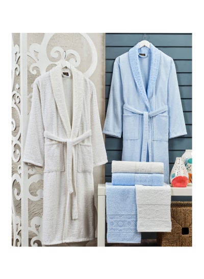 Buy 6-Piece Turkish Terry Cotton Jacquard Family Bathrobe Set 420 GSM with Matching Bath Towels and Hand Towels in Gift Box Sky Blue/Off White in UAE