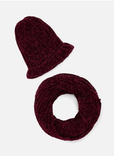 Buy Chenille Solid Hat & Infinity Scarf 2pcs in UAE