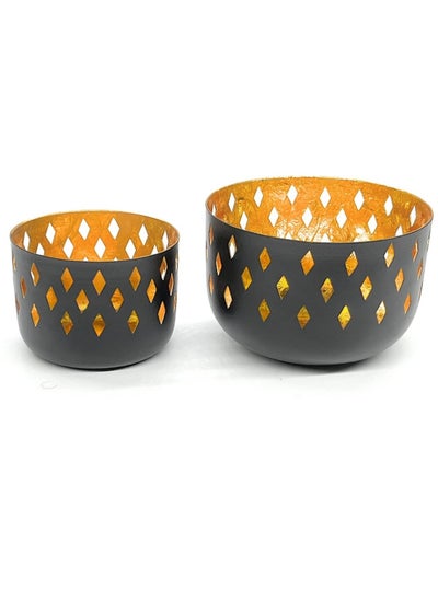 اشتري Souq DESIGNS Metal Tealight Candle Holders Set of 2 Pcs Ramadan Eid Celebration Candle Holder Tea Light Lanterns Moroccan Style Home Decor for Table & Hanging Gold Black Cup في الامارات