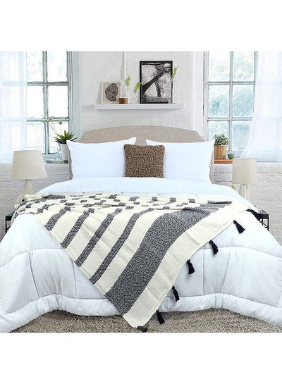 اشتري Takisha Striped With Tassels Throw 100% Cotton Blanket| Fuzzy, Comfy, Lightweight And Breathable Blanket For Bedroom  L 127 X W 154 Cm  Ivory في الامارات