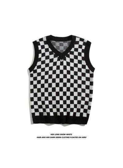 اشتري Korean Vintage Plaid V-Neck Sweater Vest Black في السعودية