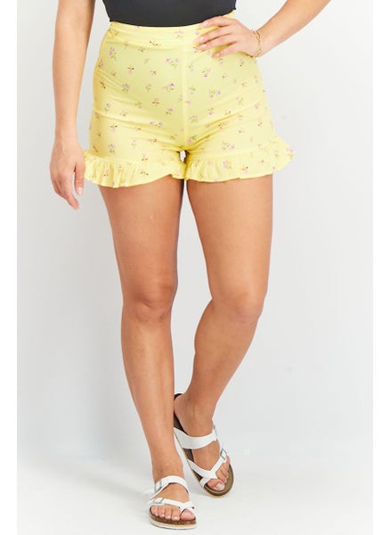 Buy Women Floral Print Shorts, Yellow in Saudi Arabia