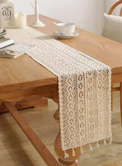 اشتري 1-Piece Cutout Hollow Lace Tablecloth Fringed Table Runner for Coffee Table Dining Table TV cabinet Tablecloth Beige White 180 x 24 Centimeter في الامارات